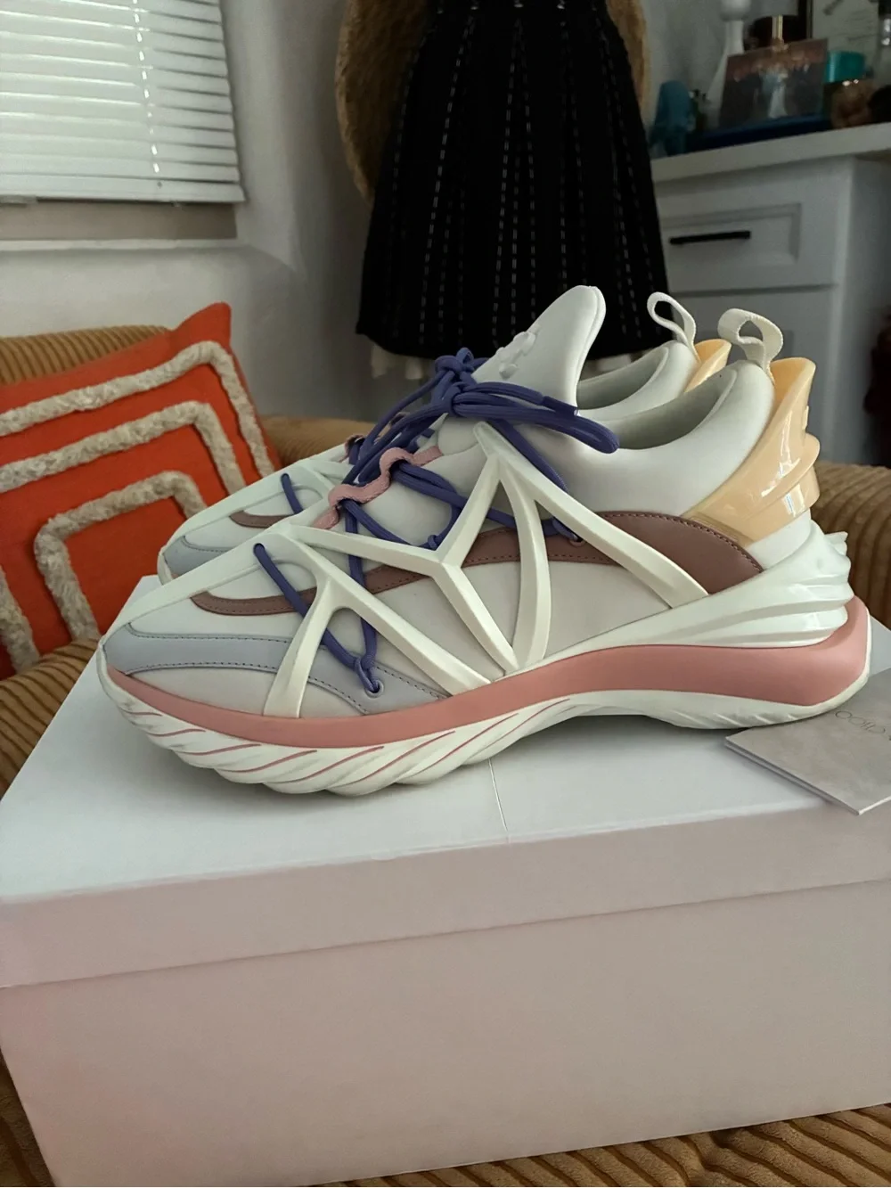 Jimmy Choo Cream Sneakers with Pink & Blue Accents - Picture 2 of 9